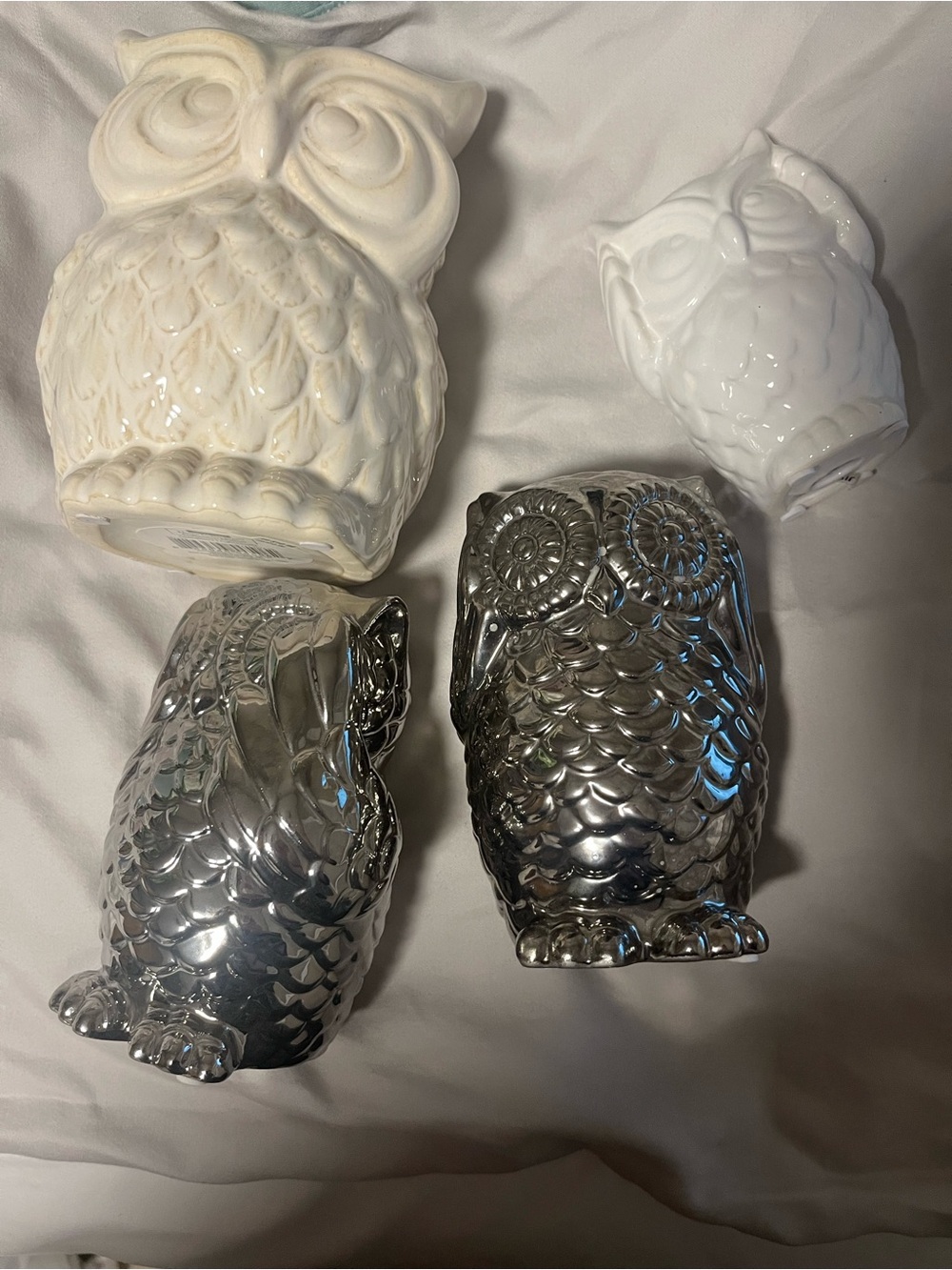 Ceramic Owl Figurines - White & Silver Set